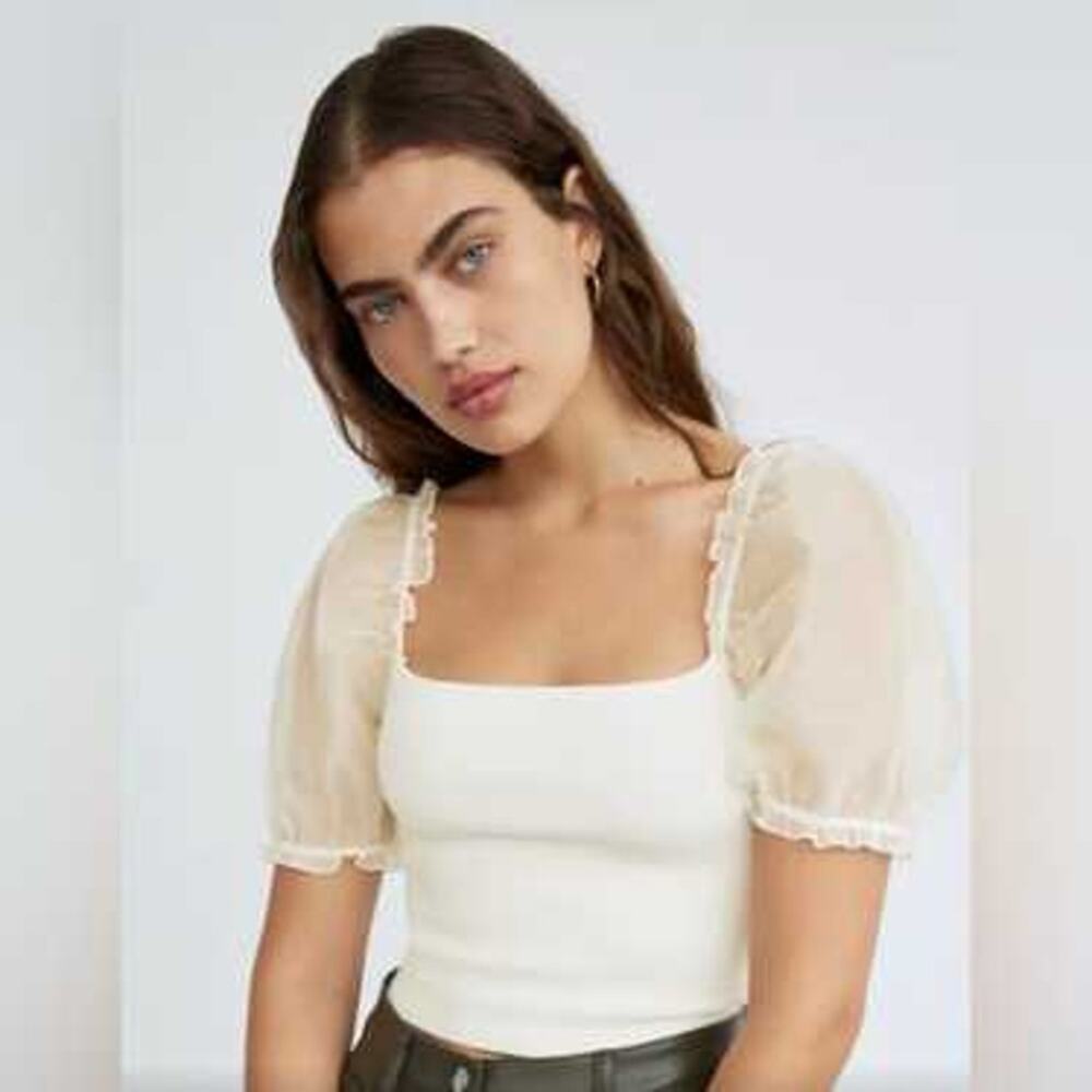 Wilfred Aritzia Sheer Organza Puff Sleeve Crop Top Womens XS White Square Neck